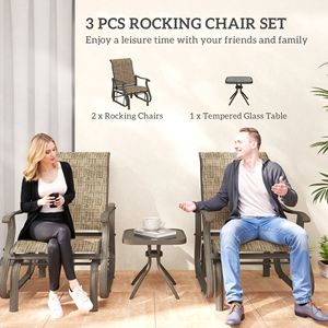 Set di 3 Glider Leggeri Marrone Misto per Esterni, con Tavolo Impermeabile in Acciaio e Piano in Vetro Temperato, per Patio, Giardino e Bistrò - Product Image 4