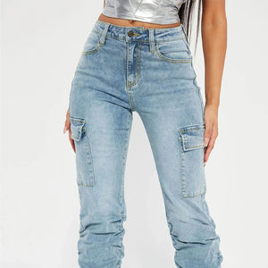 Vaqueros de mezclilla de mujer a la moda, transpirables, personalizados, de cintura alta, rectos, casuales, lisos, con 6 bolsillos, para todas las estaciones. - Product Image 1