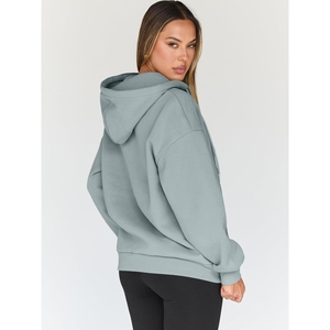 Sudadera con Capucha Extra Grande para Mujer, Color Gris Claro Sólido, Manga Larga, Cierre Frontal con Cremallera, Tejido de Punto, Estilo Casual para Otoño - Product Image 3