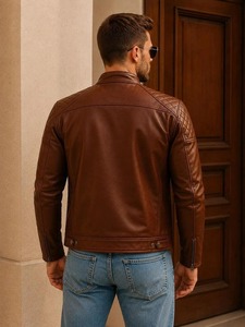 <b>Brown</b> <b>Leather</b> <b>Jacket</b> for <b>Men</b>, Motorcycle <b>Jacket</b>, Cafe Racer <b>Jacket</b>, Vintage Moto <b>Jacket</b>, Quilted Shoulder <b>Leather</b> <b>Jacket</b> - Product Image 4