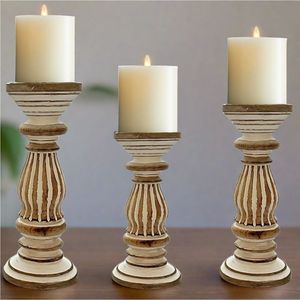 Juego de Portavelas de Pilar de Madera Vintage al por Mayor, Candelabros Rústicos con Acabado Desgastado para Centro de Mesa de Boda, Decoración del Hogar - Product Image 1