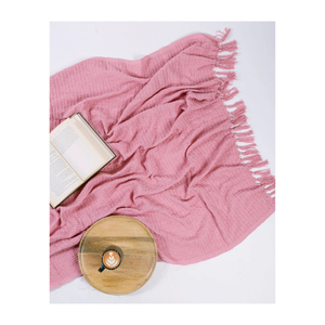 <b>Pink</b> Knitted Cotton <b>Throw</b> Blanket With Fringe Rectangular All Season Home Use Breathable Soft 100% Cotton Machine Washable - Product Image 3