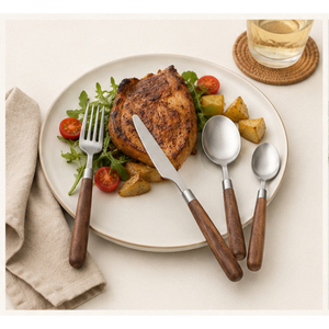 Ensemble de couverts en acier inoxydable écologiques en gros avec manche en bois de noyer naturel, vaisselle moderne et minimaliste pour hôtel - Product Image 2