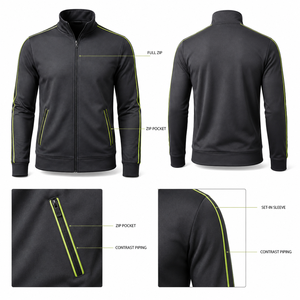 Veste de sport noire en polyester pour homme avec bordure vert citron, col montant, fermeture éclair, design sportif, logo personnalisé sur le devant - Product Image 4