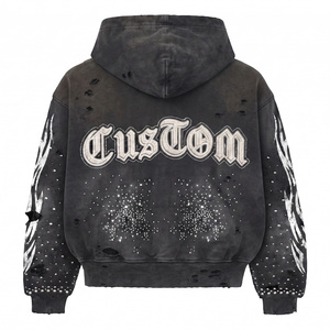 เสื้อฮู้ดซิปผู้ชาย ตกแต่งด้วย Rhinestone Applique Patch ผ้าเฟรนช์เทอร์รี่ 450gsm ฟอกสีซีดสไตล์วินเทจ ทรงบ็อกซี่ สตรีทแวร์ - Product Image 2