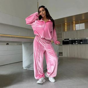 Ensemble de survêtement en velours rose pour femme, haut zippé à manches longues, pantalon large, coupe ample, toutes saisons, couleur unie, tenue décontractée et sportive - Product Image 3