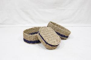 Set of 3 Natural Seagrass Wicker <b>Water</b> <b>Hyacinth</b> <b>Storage</b> <b>Baskets</b> with Navy Blue Stripes Rustic Geometric Pantry Home Decor - Product Image 2