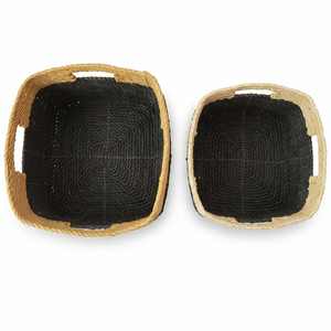 Stylish Handwoven Two Tone <b>Storage</b> <b>Basket</b> <b>Large</b> Rectangular Black Natural Closet Organization Pantry Toy Container With Handles - Product Image 3
