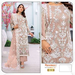 "Luxe d'hiver: Organza Shalwar Kameez avec travail de perles, filet Dupatta et intérieur confortable de Santoon." - Product Image 4
