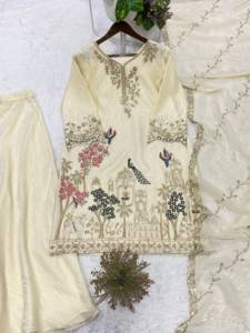 Designer Beads Work With Sequence Embroidery Work Fandy Silk <b>Top</b> With Plazzo And Dupatta Fully Stitched Ready To Wear Set - Product Image 3