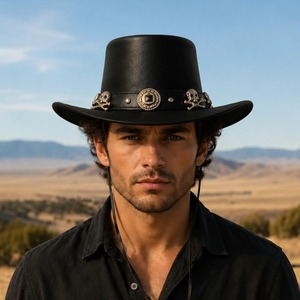 Premium <b>Black</b> Leather <b>Top</b> <b>Hat</b> Classic Vintage Inspired Design for Fashion Wear Events and Costume Styling - Product Image 4