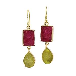 Pendientes de gota de moda hechos a mano en chapado en oro rectángulo Rosa piedra preciosa doble Druzy rojo amarillo colores bonito pendiente de estilo de gota - Product Image 1