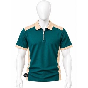 <b>Men's</b> <b>Green</b> Beige Color Blocked Short Sleeve <b>Polo</b> <b>Shirt</b> With Zipper Knitted Fabric Quick Dry Casual Style Premium Quality Trendy - Product Image 1