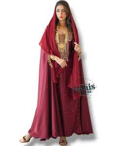 Awais House Women's Maroon Polyester Floor Length <b>Kaftan</b> Beaded Embroidery Sweetheart Neck <b>Long</b> Sleeve Modest Stretchable - Product Image 3