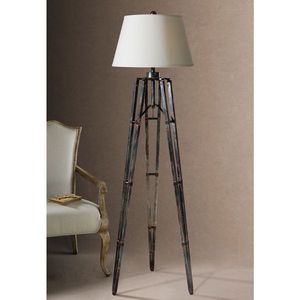 Lampe sur pied en bois vieilli chromé, style moderne, avec abat-jour blanc pour chambre à coucher, salon, bureau - Product Image 2