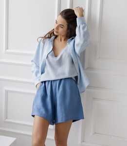 Light <b>Blue</b> Linen <b>Cami</b> <b>Top</b> With Matching Shorts Set Casual Breathable Women's Outfit Regular Fit Mid Waist Elastic Waist - Product Image 1