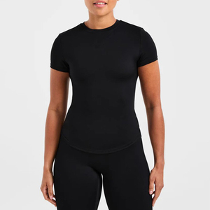 T-shirt en tricot noir à manches courtes pour femme, de qualité supérieure, couleur unie, coupe ajustée, respirant, léger, décontracté, toutes saisons - Product Image 2