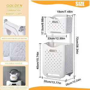 Cesto de Ropa Plegable de Doble Capa Blanco de 44L con Ruedas, Bolsas Interiores Extraíbles, Transpirable, Ahorra Espacio, Clasificador de Ropa para Apartamento y Hogar - Product Image 1