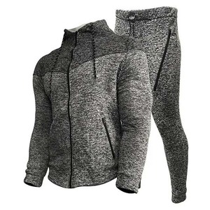 Survêtement gris à capuche pour homme, fermeture éclair intégrale, couleur unie, coupe sportive, polyester et coton, pour l'automne, avec poches latérales - Product Image 3