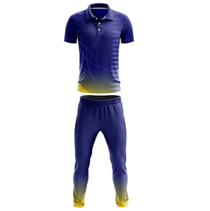 Ensemble d'uniformes de cricket personnalisés pour hommes, couleur jaune et violet, polo à manches courtes avec pantalon à taille élastique, toutes saisons, séchage rapide - Product Image 5