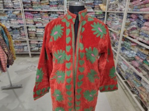 Handmade Finished Long Breathable Eco-Friendly Velvet Bomber Jacket Mandarin Collar Embroidered Sunflower Floral Knitted <b>gift</b> - Product Image 4
