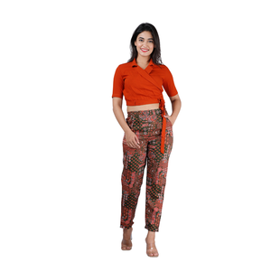 Women Two Piece Co Ord Set Halter Neck Wrap Crop <b>Top</b> Floral Print Trousers Lace <b>Patchwork</b> Pattern Ankle Length Regular Fit - Product Image 4