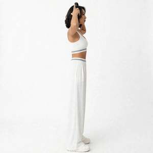 Women Yoga Set <b>White</b> Crop Top Wide Leg Pants High Waist V-Shaped Spandex/Polyester Breathable <b>2</b> <b>Piece</b> Activewear Racerback - Product Image 2