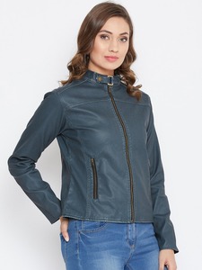 Chaqueta de cuero azul para mujer, estilo motero, cuello alto, corte ajustado, con cremallera, estilo casual urbano, moda de otoño, EE. UU. - Product Image 4