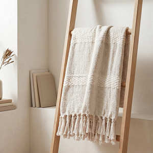 Neutral <b>Beige</b> Textured Woven Linen Like Cotton Throw Blanket Fringed Couch Cover Bohemian Room Decor Factory - Product Image 6