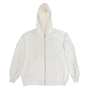 Sudadera con Capucha Blanca con Cierre y Diseño de Puntos de Diamantes de Imitación, Sudadera Informal Unisex de Punto, Corte Regular, para Otoño - Product Image 4