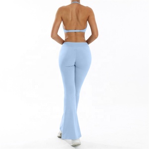Women's Grey 2-Piece Yoga Set Halter Twist Sports Bra High Waist <b>Flare</b> <b>Leggings</b> Spandex Front Breathable Seamless Fitness - Product Image 6