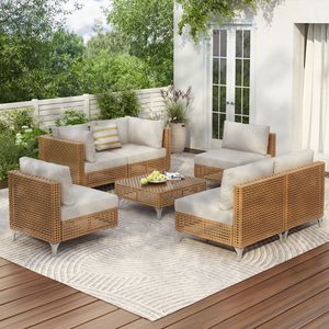 Set di mobili da giardino in vimini Beige resistente all'acqua da 7 pezzi per esterni divano componibile da conversazione con cuscini spessi per tavolino da caffè - Product Image 4