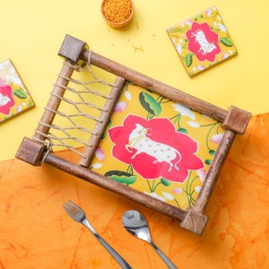 Elegant Unique Serving Art Wooden Khatiya Platter Floral Artwork <b>Mini</b> Charpai Serving Tray for Snacks/Dry Fruits/Tea Time By UO - Product Image 2