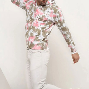 Sweat-shirt à capuche en molleton tie-dye pour homme, coupe oversize, décontracté, tricoté, rose, beige, blanc, motif, style hiver, éco-responsable - Product Image 3