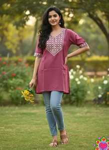Tunique en coton moutarde pour femmes avec broderies sur le col et les poignets, coupe classique, tenue décontractée traditionnelle indienne pakistanaise - Product Image 3