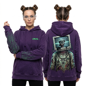Sudadera con Capucha Morada Oscura Estilo Techwear para Mujer, con Estampado de Pantalla de Monitor Rota, Diseño de Zombie y Código Matricial, con Mangas con Gráficos y Efecto Desgastado - Product Image 1
