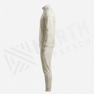 Men's Cream Color Full Zip <b>Tracksuit</b> Solid Design Casual Sportswear With Side Pockets Stand Collar Regular Fit Autumn Wear - Product Image 3