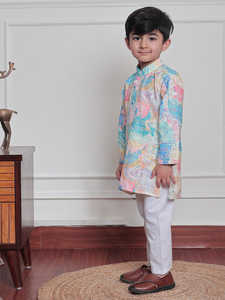 Pastel multicolor printed <b>kurti</b> with decorative lace panel and fabric buttons soft breathable fabric stylish casual wear - Product Image 4