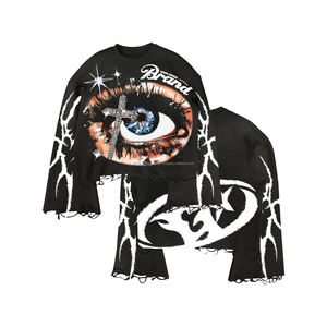 T-shirt pour homme en coton 100% personnalisé, 280 g/m², en molleton français noir, à manches longues, imprimé avec des strass, respirant, taille oversize - Product Image 1