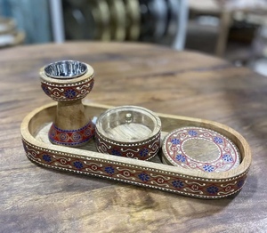 Ensemble de boîtes de rangement pour brûleur d'encens Bakhoor élégant et artisanal en bois d'acacia enrichi d'incrustations de pierres précieuses, art islamique religieux - Product Image 2