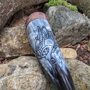 Custom Engraved Handmade Wolf Viking Ox <b>Drinking</b> Horn From India Organic Material with Eco-Friendly Animal Style <b>Stand</b> Polished - Product Image 5