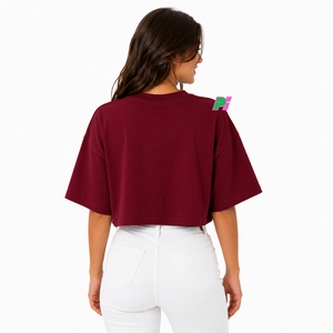 Camiseta Corta para Mujer, Color Granate, con Estampado de Letras Personalizado, Cuello Redondo, Manga Corta, Corte Holgado, Informal, Primavera-Verano, 100% Algodón Jersey - Product Image 5