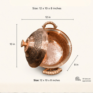 Olla de cobre Degchi hecha a mano en Kashmir con tapa – Diseño floral Naqashi grabado a mano - Product Image 2