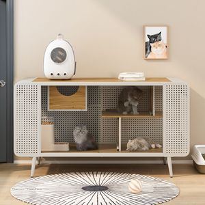 Espaciosa Casa de gato blanca de 55,12 pulgadas con vidrio templado para sala de estar, pasillo, estudio y otros espacios, muebles para mascotas - Product Image 1