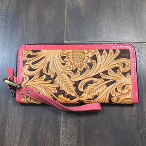 Western Luxury Style Tooled Leather Sunflower Design Cute Pink <b>Zip</b> Pattern Clutch Multiple Use For Ladies Credit Holder <b>Wallet</b> - Product Image 4