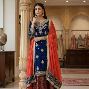 Conjunto de Kurti y Palazzo de Lujo en Azul Marino con Bordado en Georgette Sintético y Dupatta Roja de Tela de Red |   Traje Salwar de Diseño Indio para Fiestas - Product Image 1