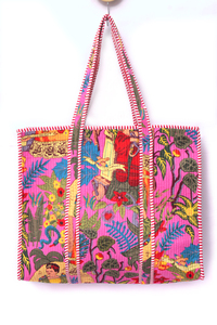 Bolso Tote Acolchado Tropical Rosa, Bolso Tote de Algodón Hecho a Mano, Bolso de Viaje Floral, Bolso de Compras Boho, Bolso de Playa Ligero - Product Image 4