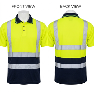 Camiseta de Manga Corta Amarilla y Azul Marino, Camisa de Trabajo de Alta Visibilidad con Tiras Reflectantes, Ropa de Trabajo para Construcción de Carreteras, Poliéster de Secado Rápido - Product Image 1