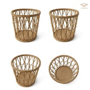 Panier à déchets en rotin naturel fait main, corbeille à papier en osier, décoration bohème pour la maison, couvercle de pot de fleurs, bac de rangement rond, usine OEM - Product Image 5