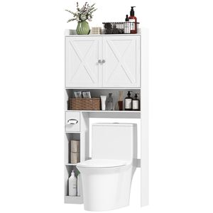 Mobile da Bagno Bianco Stile Rustico con Ripiano Regolabile e Ante Scorrevoli per Stoccaggio Sopra il WC - Product Image 1